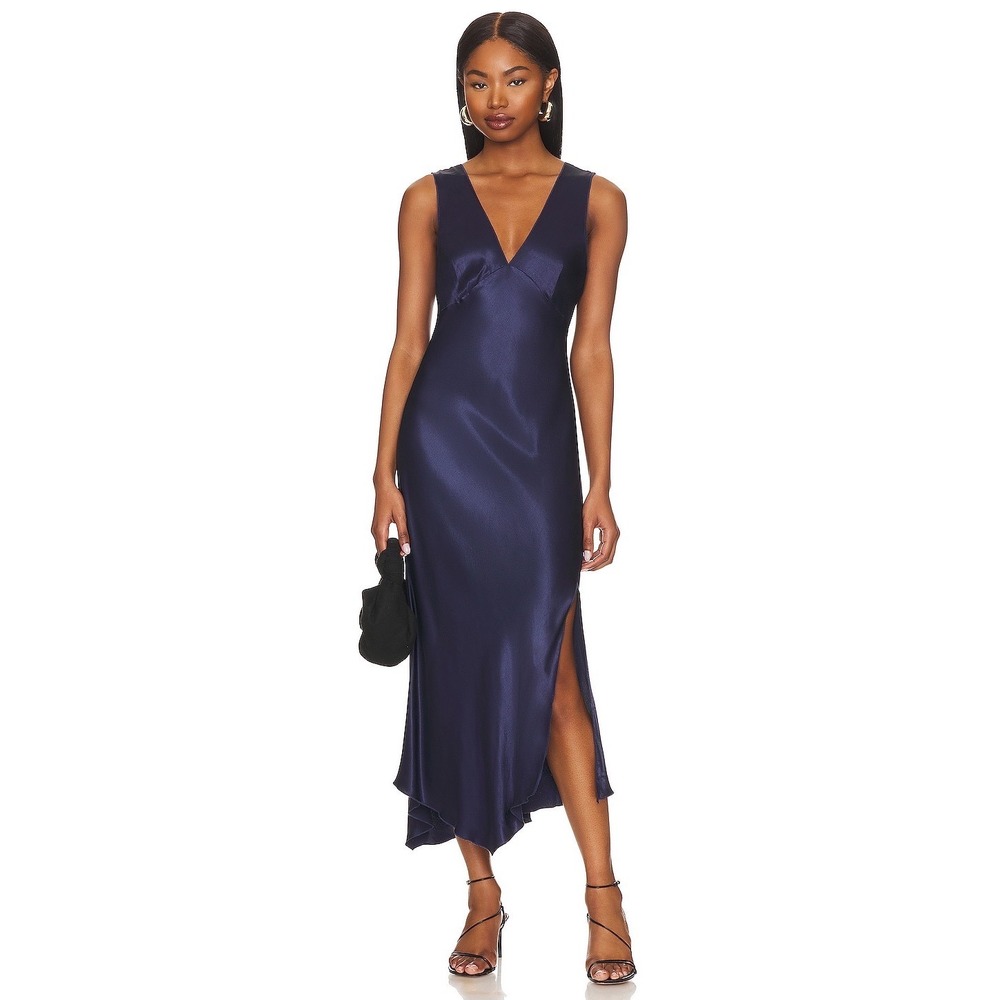 Rails Monique Midi Dress Satin Slip Navy Kerchief Hem V-Neck Sleeveless S NWT